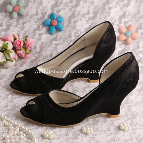 Peep Toe Lace and Satin Wedge Wedding Heels